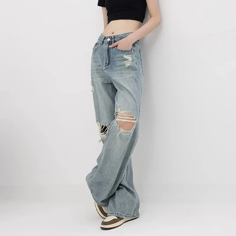 

WCFCX STUDIO High-Waist Streetwear Ripped Jeans Women's Y2k Baggy Vintage Blue Fashion Casual Pants Women's Korean Mom Jeans