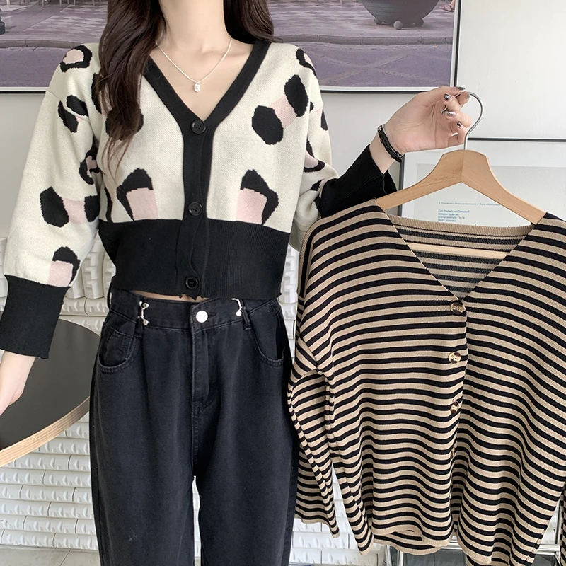 

Женский тонкий вязаный кардиган, повседневный Свободный вязаный свитер с леопардовым принтом, однобортный джемпер с длинным рукавом, одежд...