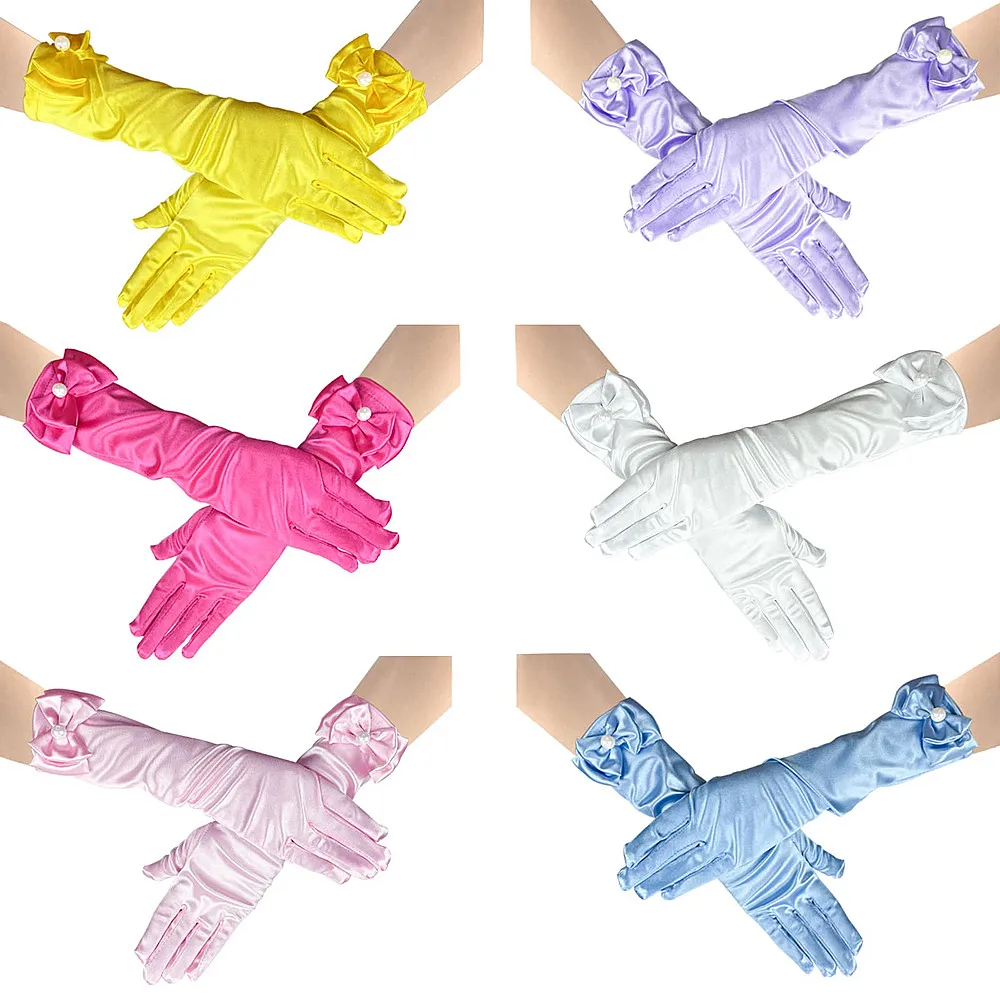 New Long Princess Dance Stage Gloves Bow Satin Kids Girl Wedding Dress Costume Accessories Children Dress-up Full Finger Mittens