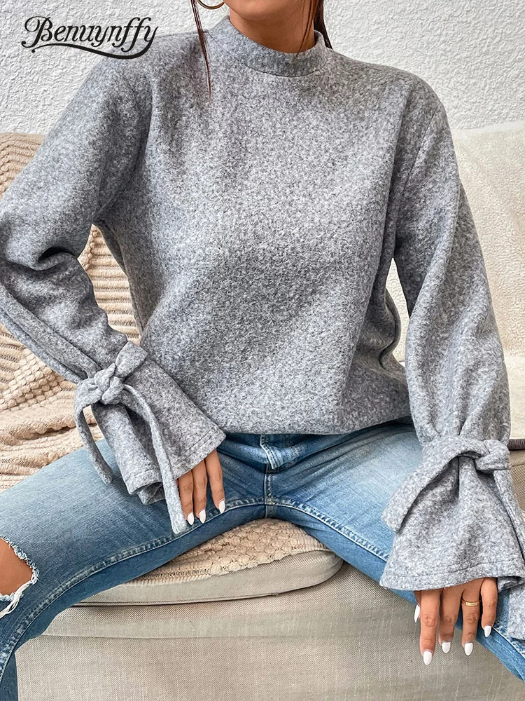 

Benuynffy Mock Neck Belted Cuff Solid T-shirt Women Autumn Keyhole Long Sleeve Korean Fashion Ladies Split Casual T-Shirts 2022