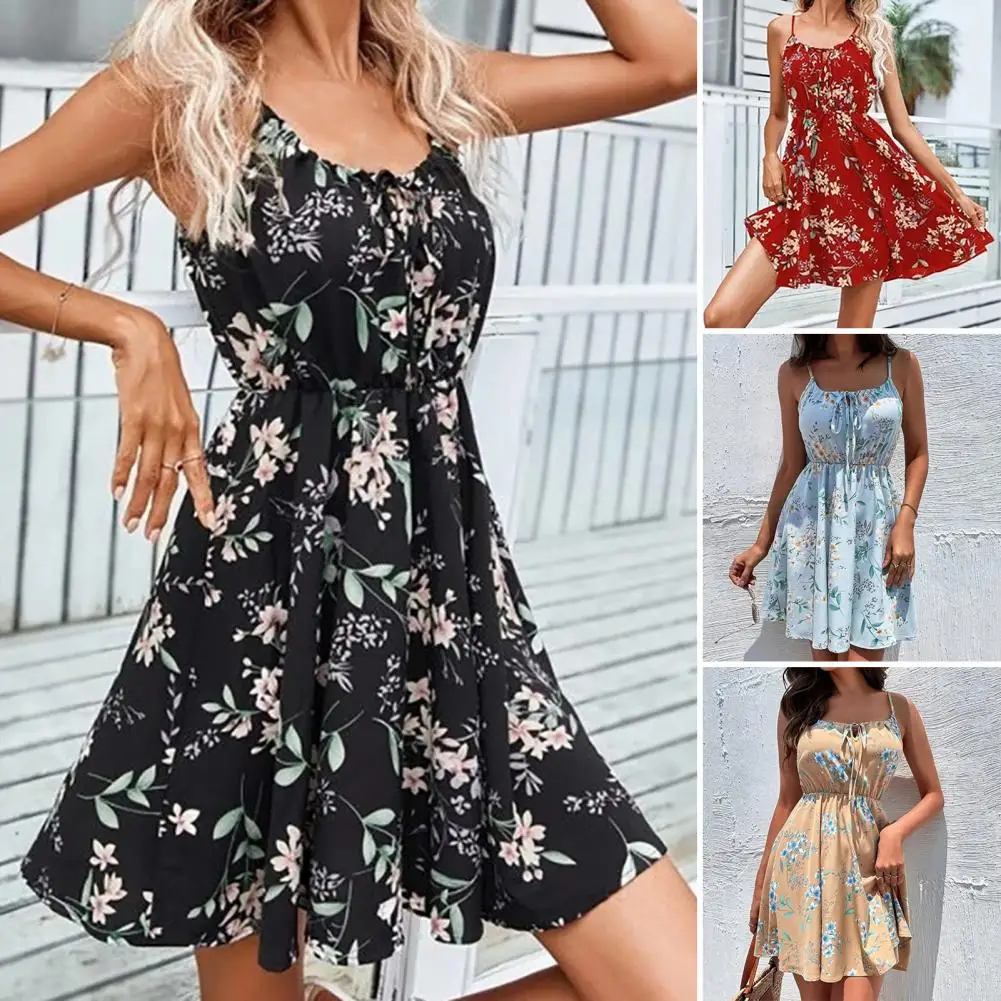 

Summer Sexy Women Front Lace-up Party Mini Dress Elegant Sleeveless Floral Printed Elastic Waist Sling Dresses for women 2022