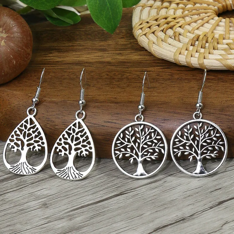 

Tree Of Life Statement Earrings For Women Big Hollow Silver Color Vintage Dangle Earrings