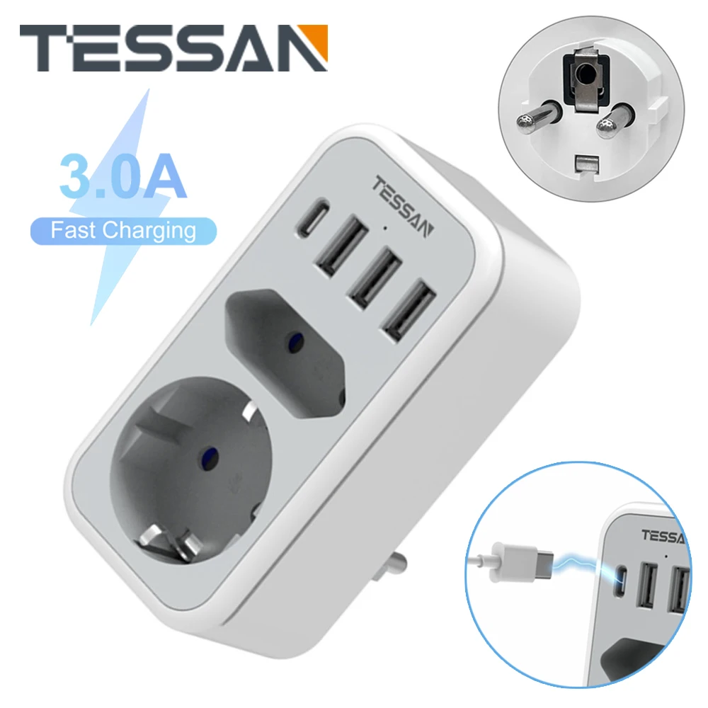 

TESSAN EU Multi Plug Power Adapter with 2 AC Outlets 3 USB Ports & 1 Type C Plug 6 In 1 Wall Socket Power Strip for Home Office