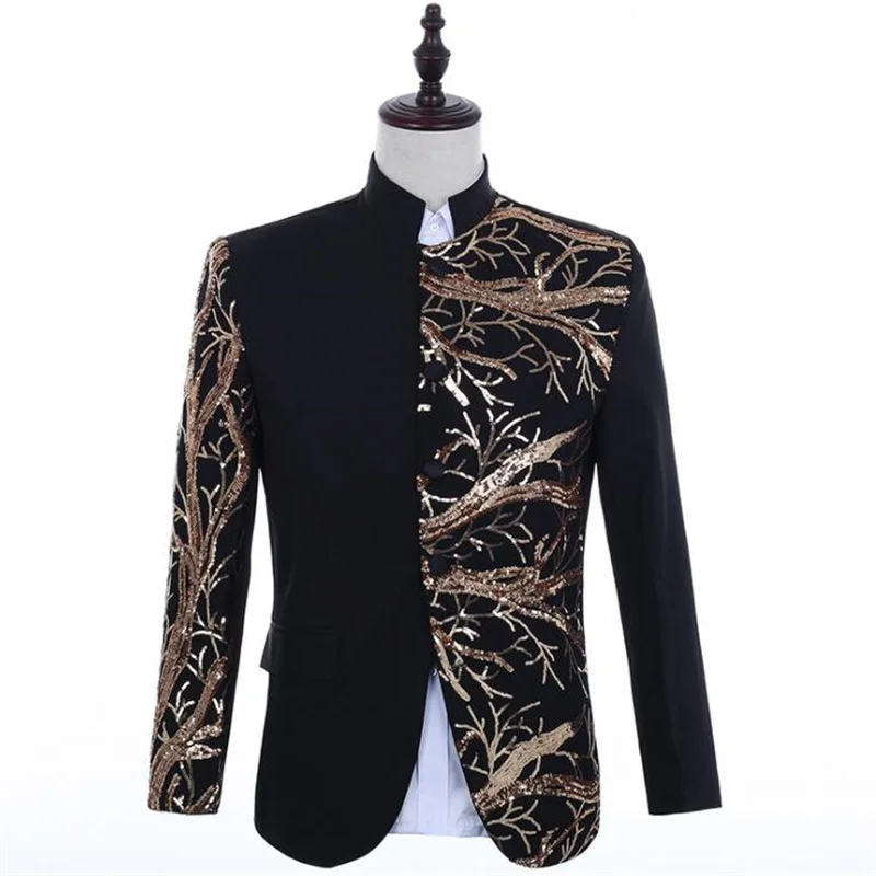 Singers gold sequins blazer men suits stand collar jacket mens stage costumes clothes dance star style dress punk rock black
