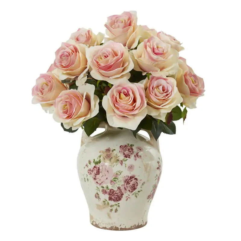 

Rose Artificial Arrangement in Flower Print Jar, Light Pink Wedding Party Vase Home Autumn Decoration Fake Flower