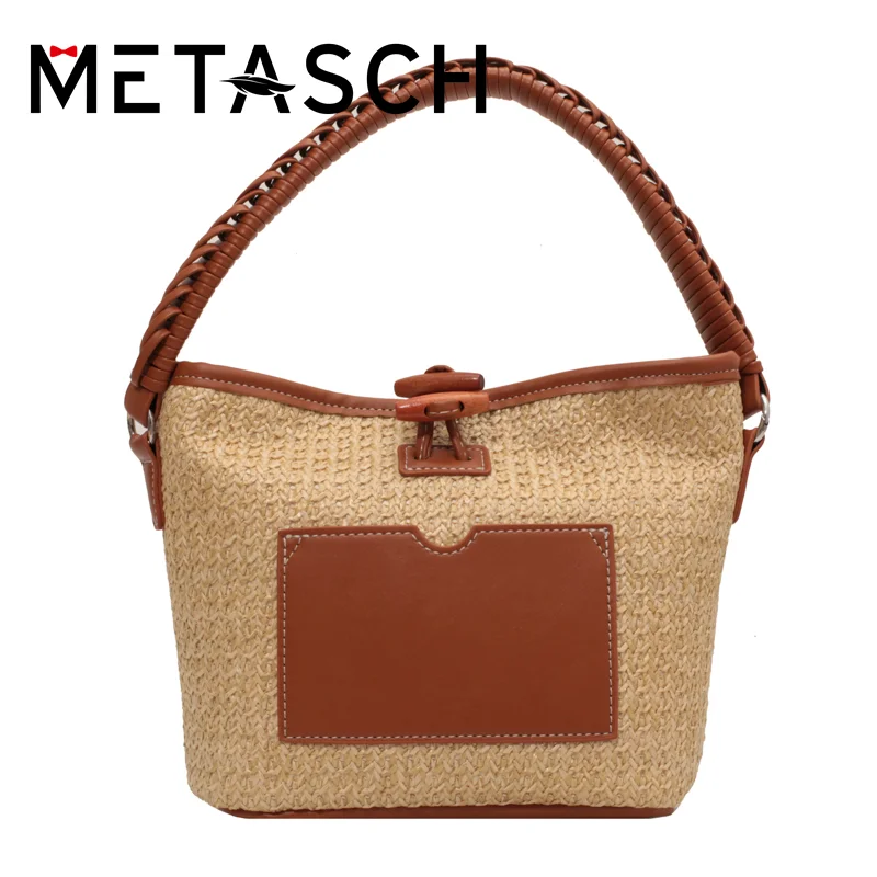 

METASCH Casual Small Raffia Tote Bag 2022 Summer Hand-Woven Straw Bag Women Brand Designer Shoulder Crossbody Bag Beach Handbags