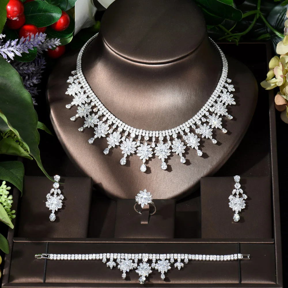 Fashion New Fashion Bridal Flower Necklace and Earrings Set Cubic Zirconia Women Wedding Jewelry Sets for Brides Gifts N-518