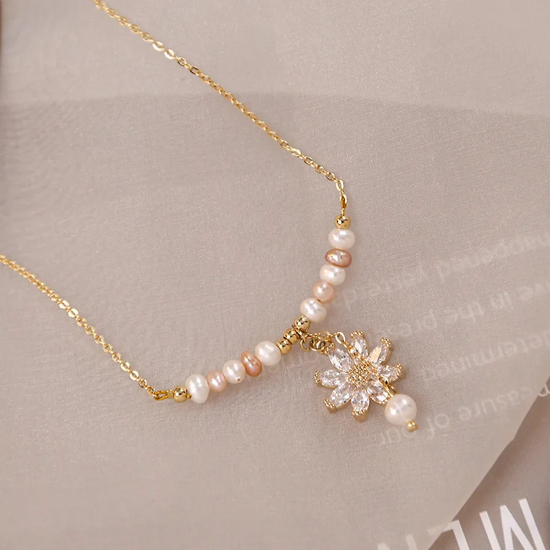 

Minar Unusual Freshwater Pearl Pendant Necklaces for Women 14K Gold Plated Copper Shiny CZ Zircon Flower Strand Choker Necklace