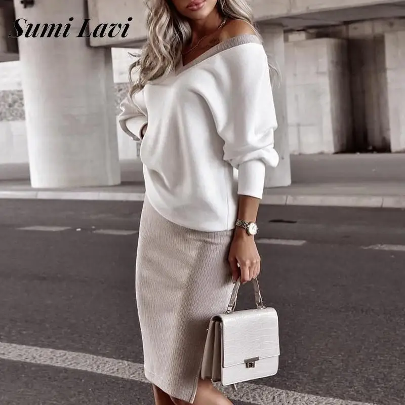 

Casual Women Long Sleeve Tops And Long Skirt Set Elegant V Neck Contrast Color Two Piece Set Fashion Slim Split Skirts Outfits