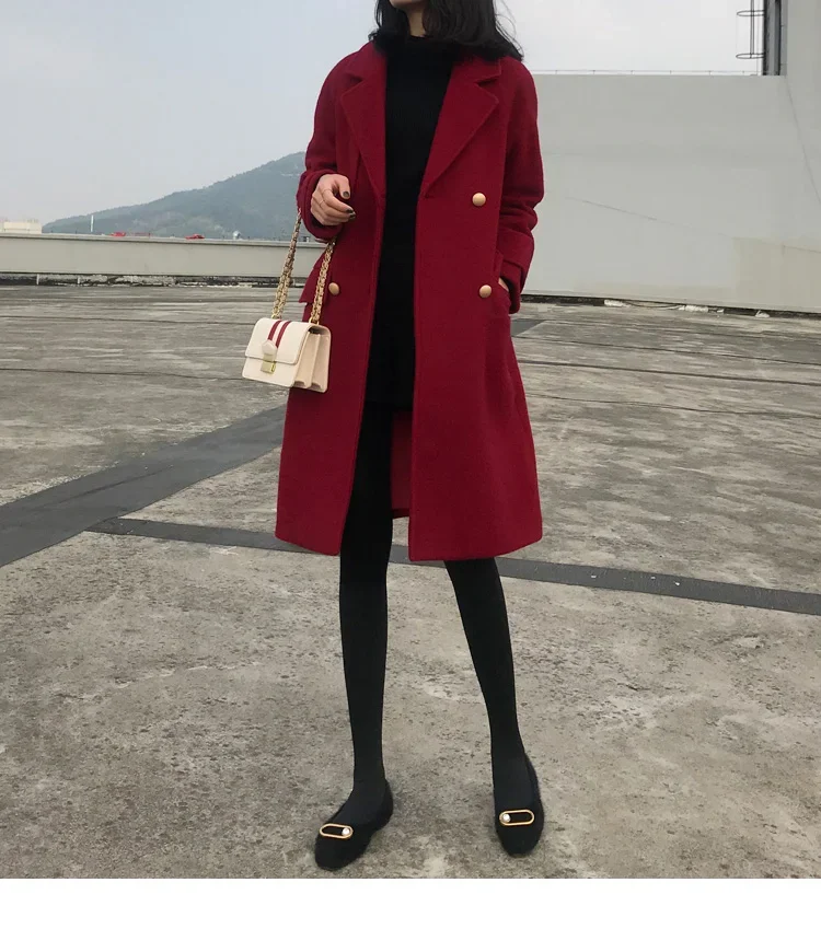 Женское шерстяное пальто средней длины бордовое черное темно-синее с