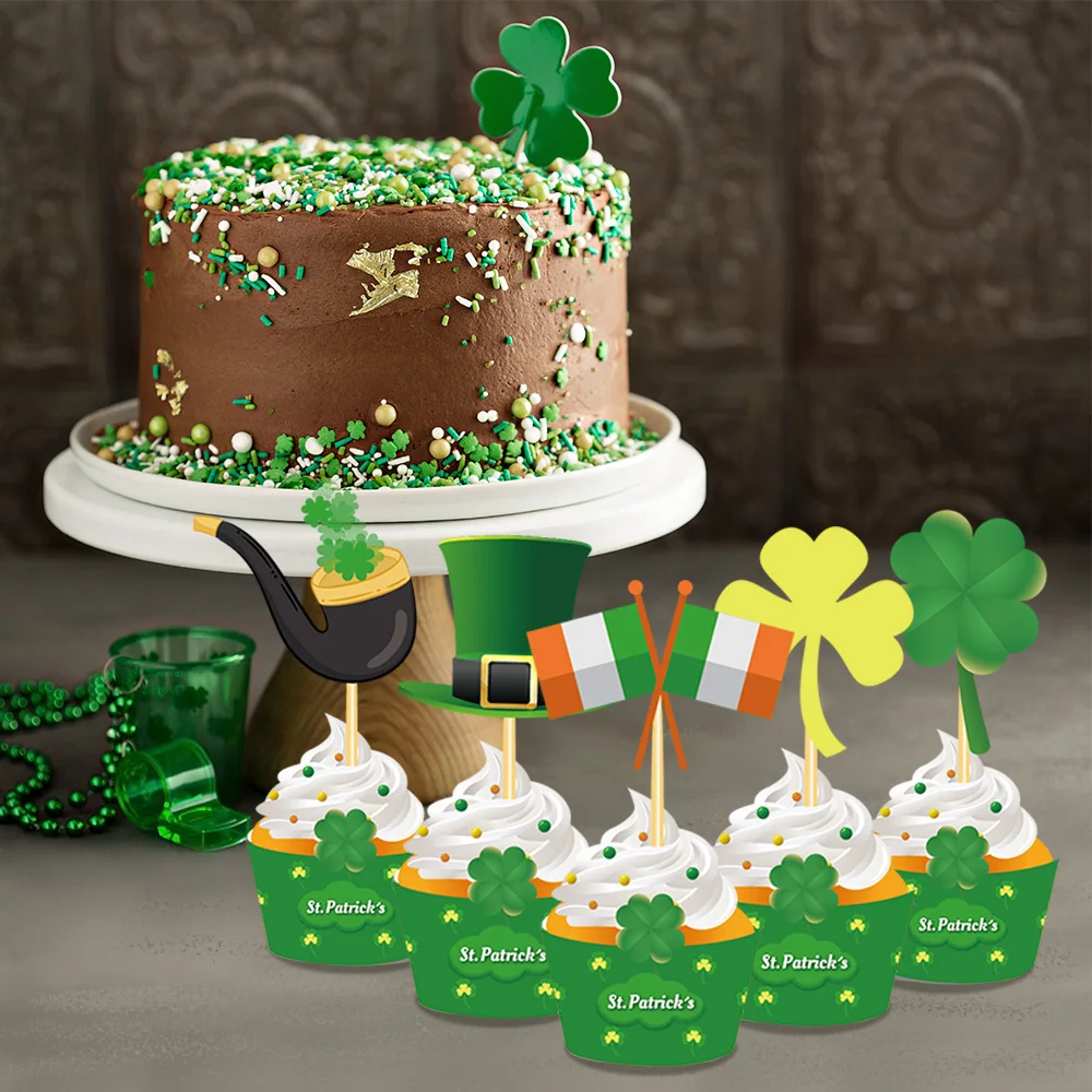 

20pcs St Patrick's Day Lucky Four-leaf Clover I'M IRISH Party Paper Cupcake Wrappers Cake Toppers Irish Party Cake Decoration