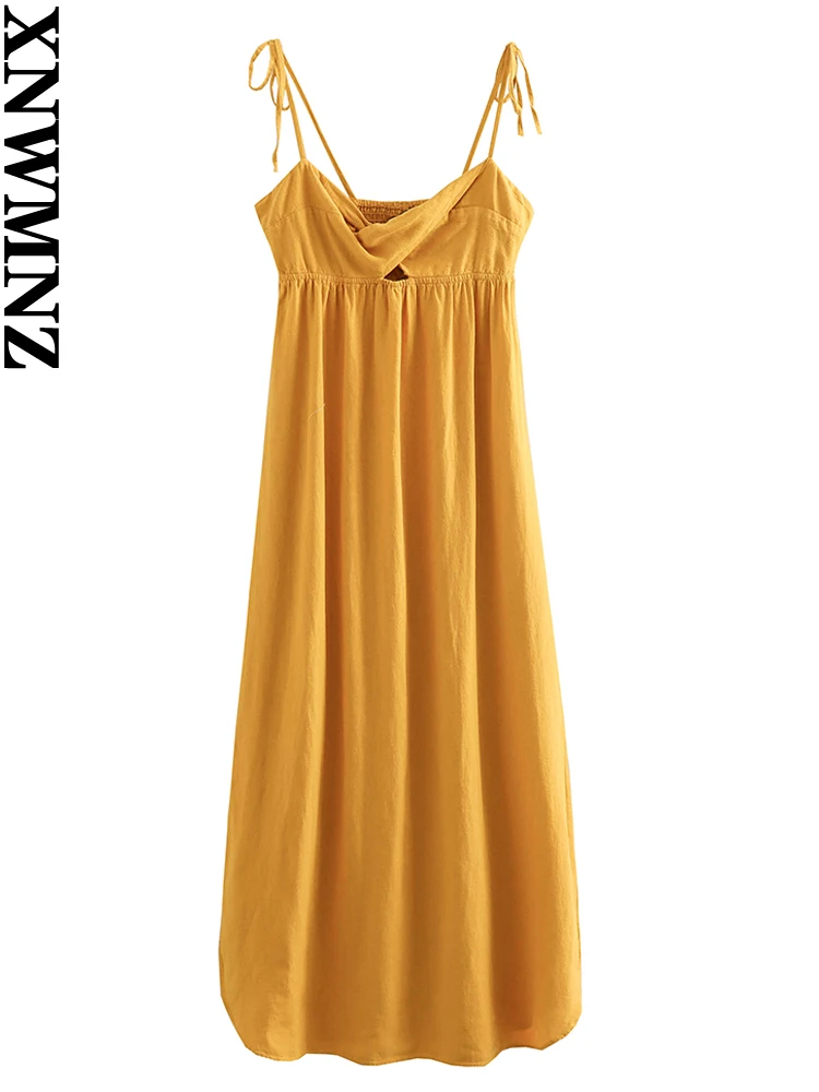 

XNWMNZ Women's Fashion 2023 Linen Blend Midi Strappy dress Women Vacation Surplice Neckline Split Hem Female Dresses