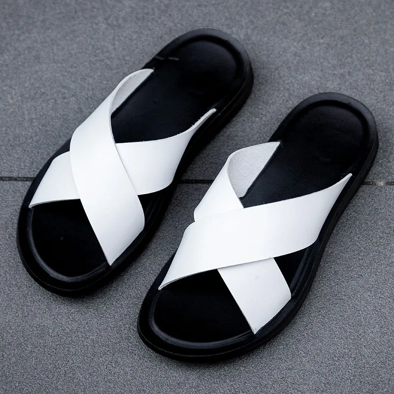 Summer New Black White/red/yellow Cross Over Slippers Men's 