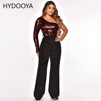 2022 spring autumn sequins patchwork elastic glitter long jumpsuit women sexy long sleeve one shoulder rompers wide leg overalls