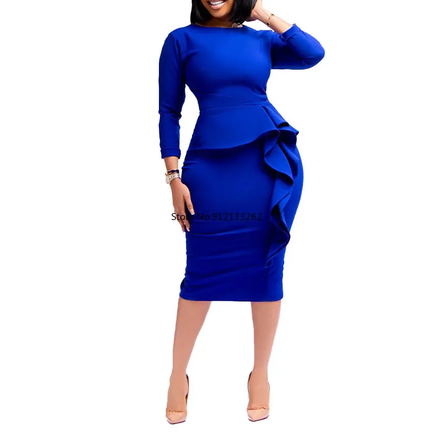 

2023 Spring Autumn African Women Long Sleeve O-neck Orange Blue Knee-length Dress S-3XL African Dresses for Women