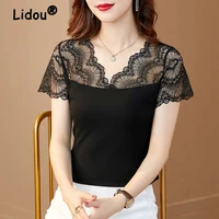 summer v neck elegant solid lace modal black t shirt korean style elegant top for female professiona fashion casual clothing