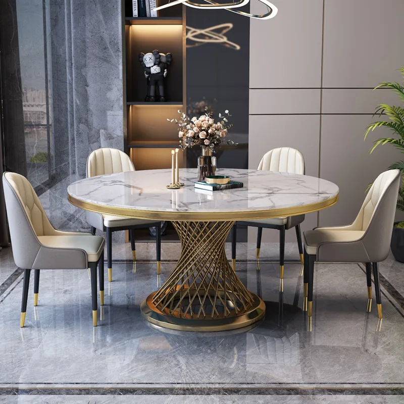 

Marble Dining Table and Chair Combination Modern Stainless Steel Round Dining Table Post-modern Household Small Apartment Golden