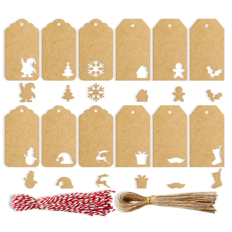 

48-96Pcs Christmas Gift Tags Hollowed Snow Tree Santa Claus Kraft Paper Tag Cookie Lables Xmas Decoration 2022 Navidad Noel