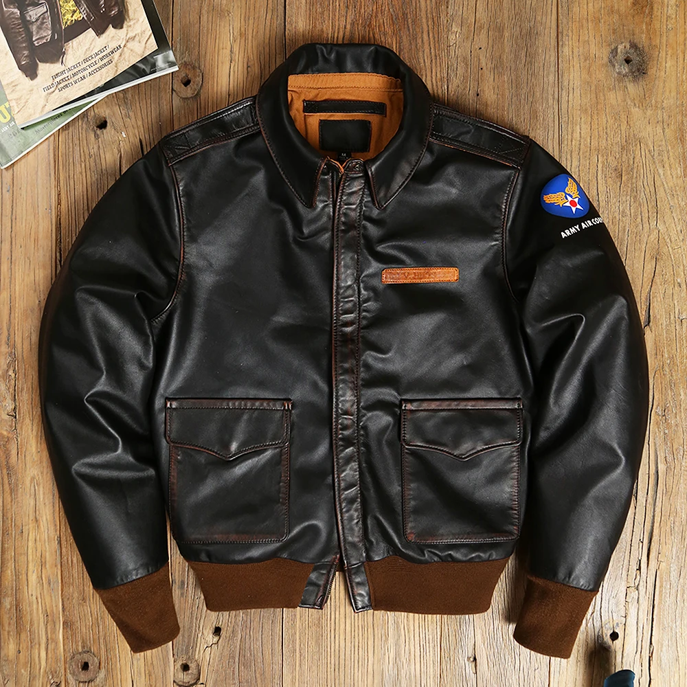 YR!Free shipping.Retro Classic A-2 type horsehide coat.Vintage Us air force genuine leather jacket.Bomber.Rider cloth - купить по