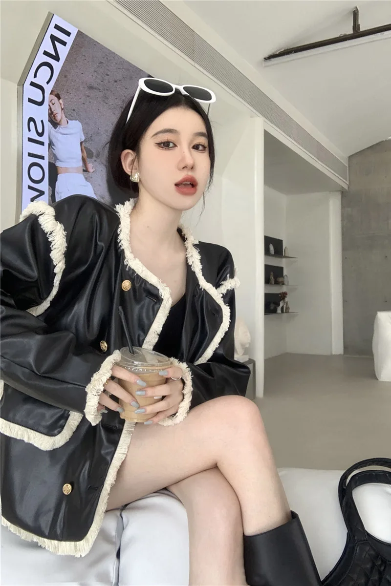 Black Pu Leather  Long Sleeved Jacket Women's Autumn 2022 Luxury Y2k Girl Loose Top Jacket  O Neck  High Street Fashion Clothes