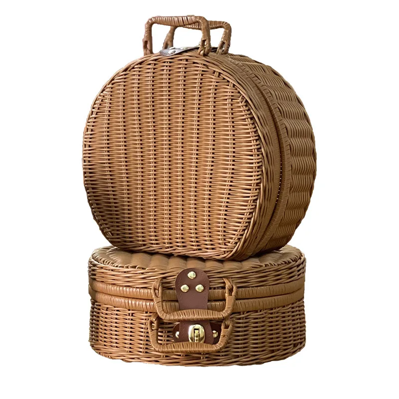 New Round Wicker Storage Hi Tea Moon Cake Box Gift Packaging Companion Gift Vintage Woven Rattan Suitcase Organizer Box