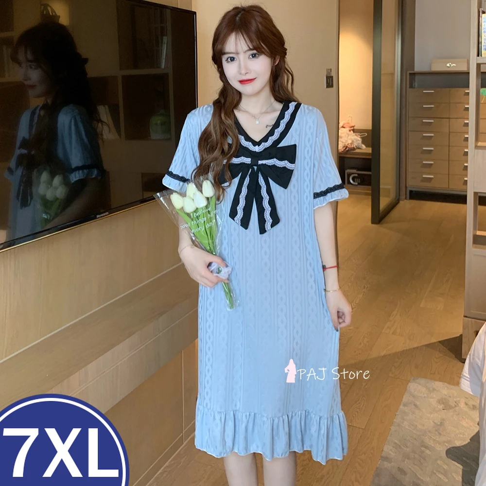 

7XL Women Nightgown Oversized Bow Summer Short Sleeve Night Dressing Night Wear Home Clothes Sleepshirt Sleep Lounge Pajamas set