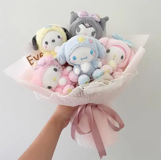 Sanrio-juguetes de peluche de Hello Kitty Kuromi Mymelody, peluche pequeño colgante, muñeco de dibujos animados de Anime suave, regalos para niñas y niños, ramo de peluche