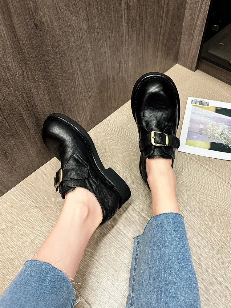 ...⭐Natural Leather Retro British Sle Thick Bottom Small Shoes Women New Spring Belt Buckle Single-Layer Flat...