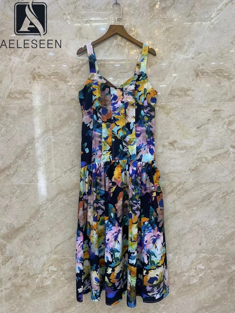 

AELESEEN Sicilian модное женское летнее платье на бретельках с цветочным принтом, черно-белое Плиссированное пляжное праздничное платье с v-образным вырезом