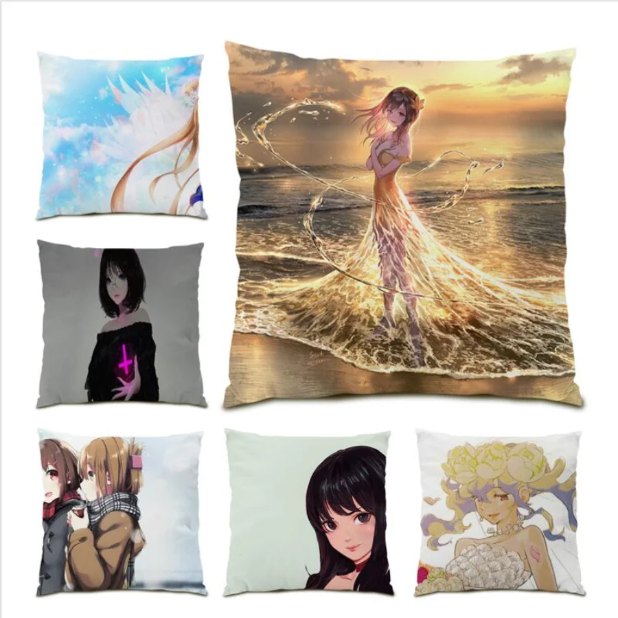 

Living Room Decoration Anime Pillow Case Velvet Polyester Linen Kawaii Cushion Cover 45x45 Cartoon Beautiful Girl Japanese E0932