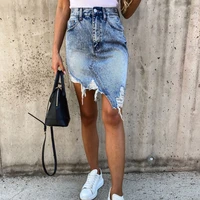 casual high waist tassel cool pencil denim skirts women summer 2021 new vintage sexy hole ripped pockets all matched jeans skirt