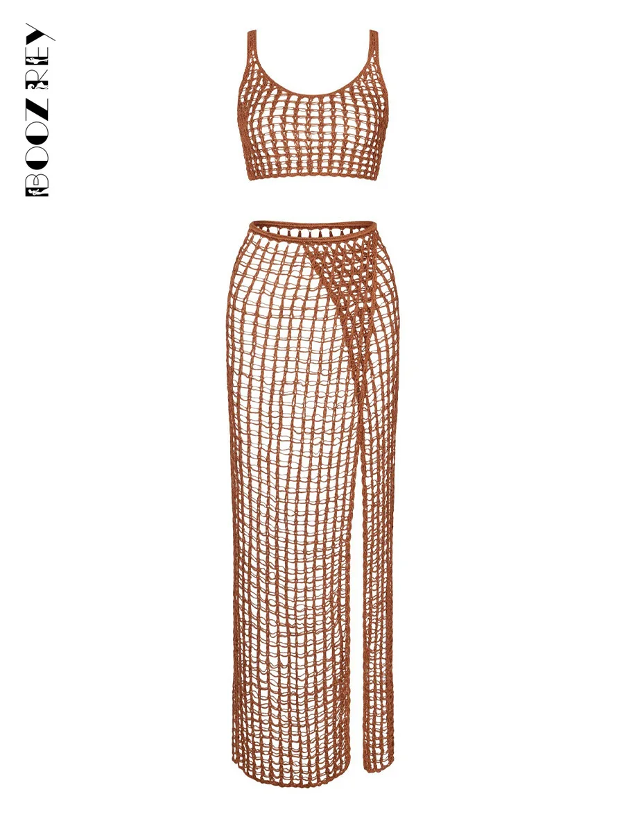 

BoozRey 2023 Summer Sexy Beach Crocheted Bikini Cover-Ups Fashion Side Split See-through Hollow Knitted Long Skirt 2-piece Sets