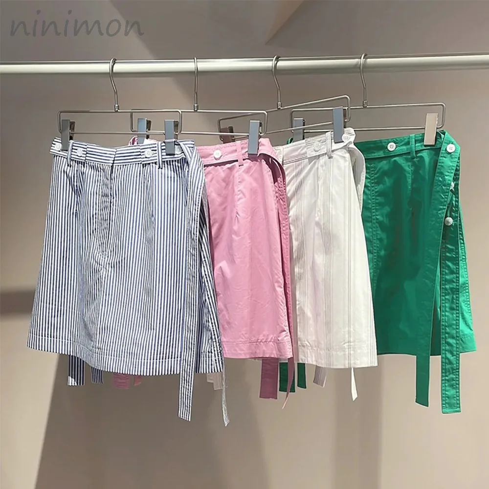 

NINIMON Simple Striped Slim Waist Button Belt Skirts Office Lady Fashion High Waist Solid Skirts Japanese 2022 New A-line Faldas