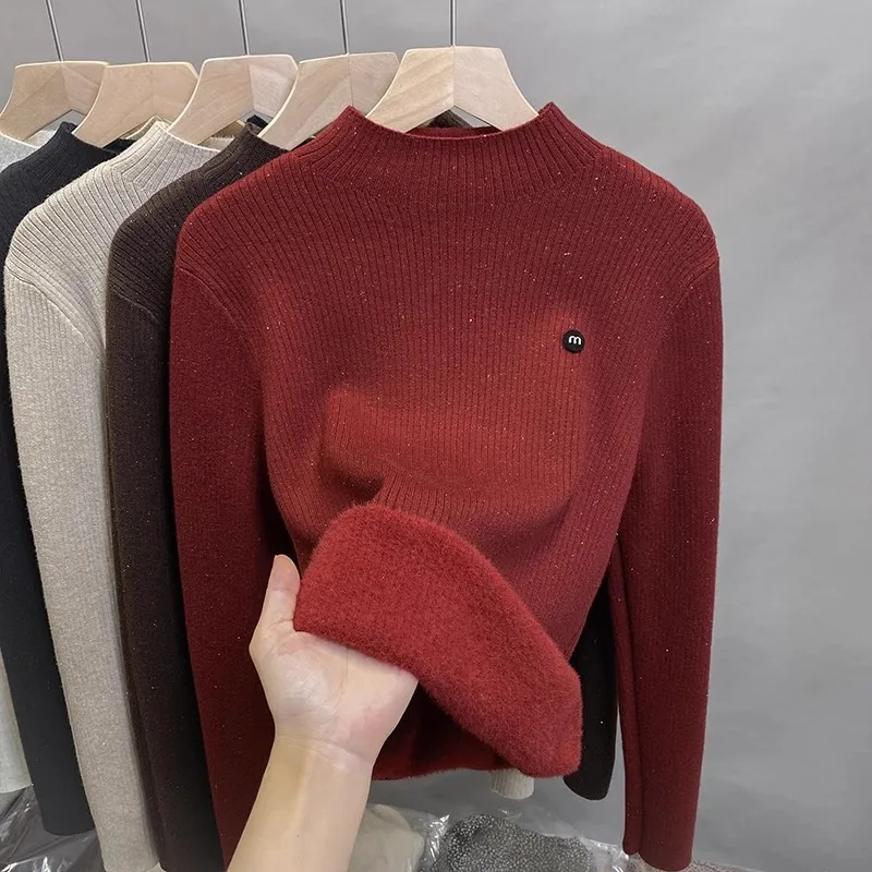Однотонные яркие пуловеры свитера с воротником-стойкой флисовый теплый трикотаж