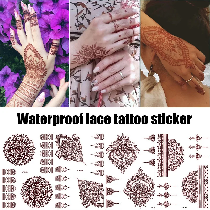 

Waterproof Henna Lace Tattoo Stickers Ethnic Style Red Brown Temporary Tattoos For Women Sexy Body Arm Leg Art Makeup
