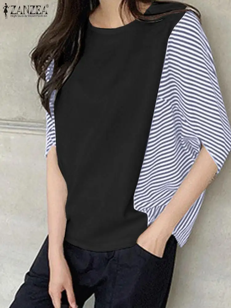 

Vocation Blusas 2022 Summer Patchwork Blouse Women Casual Half Sleeve O Neck Shirt ZANZEA Striped Printed Chemise Mujer Oversize