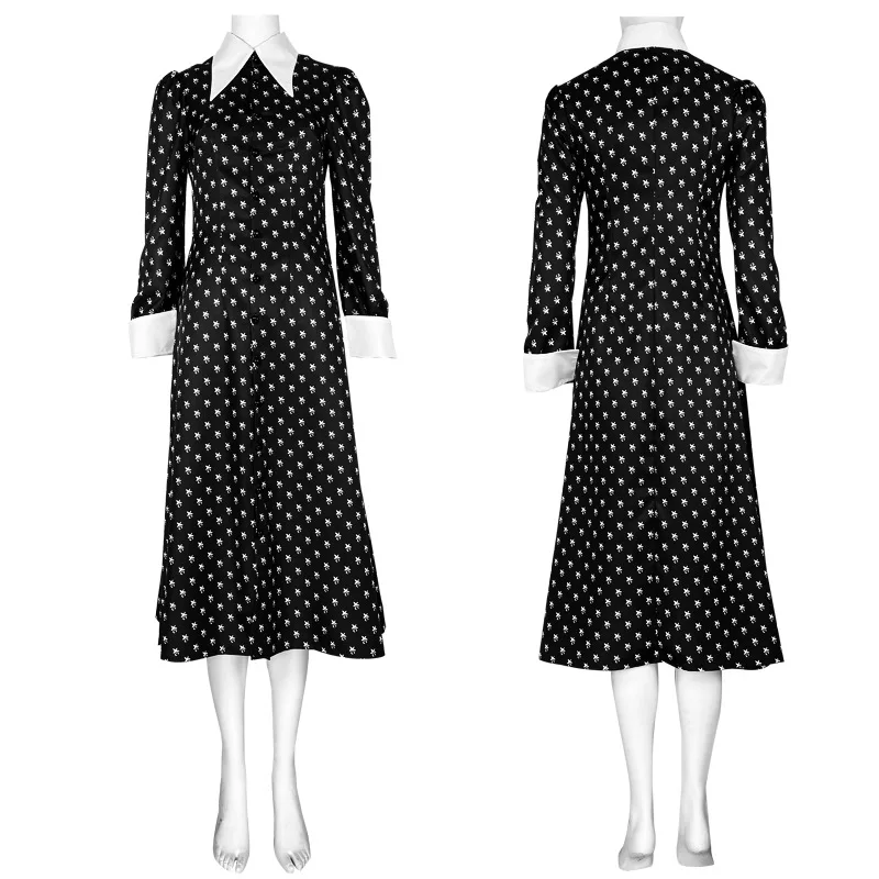 

Wednesday Cosplay Dresses Addams Cos Sweet White Collar Small Flower Printed Little Black Dress Woman Daily Causal Shirtdress