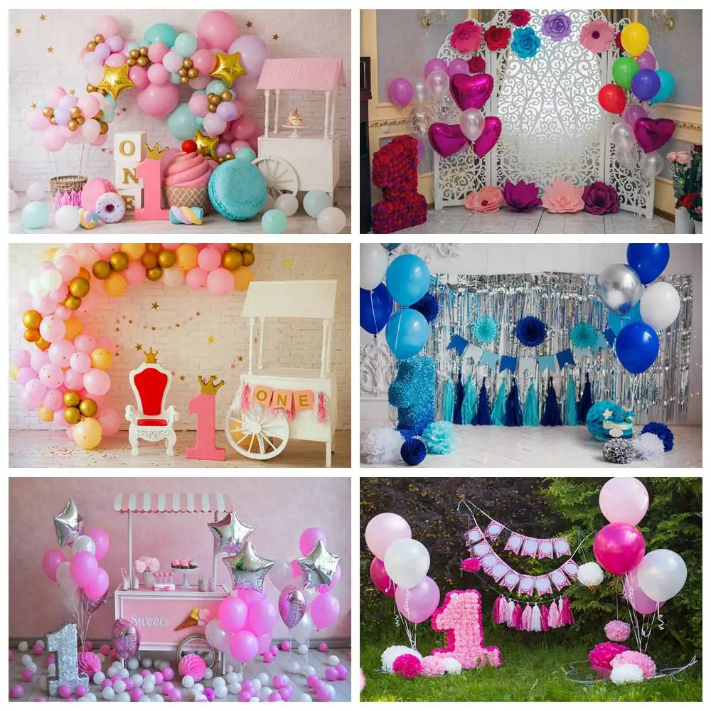

Baby 1st Birthday Party Decoration Photography Backdrops Bunting Balloons Interior Scene Custom Children Photo Booth Backgrounds