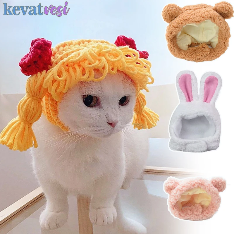 Funny Pet Cat Cap Cute Hair Loop Headgear Cosplay Small Dogs Kitten Knitted Hat Cat Costume Warm Winter Headdress Dog Supplies
