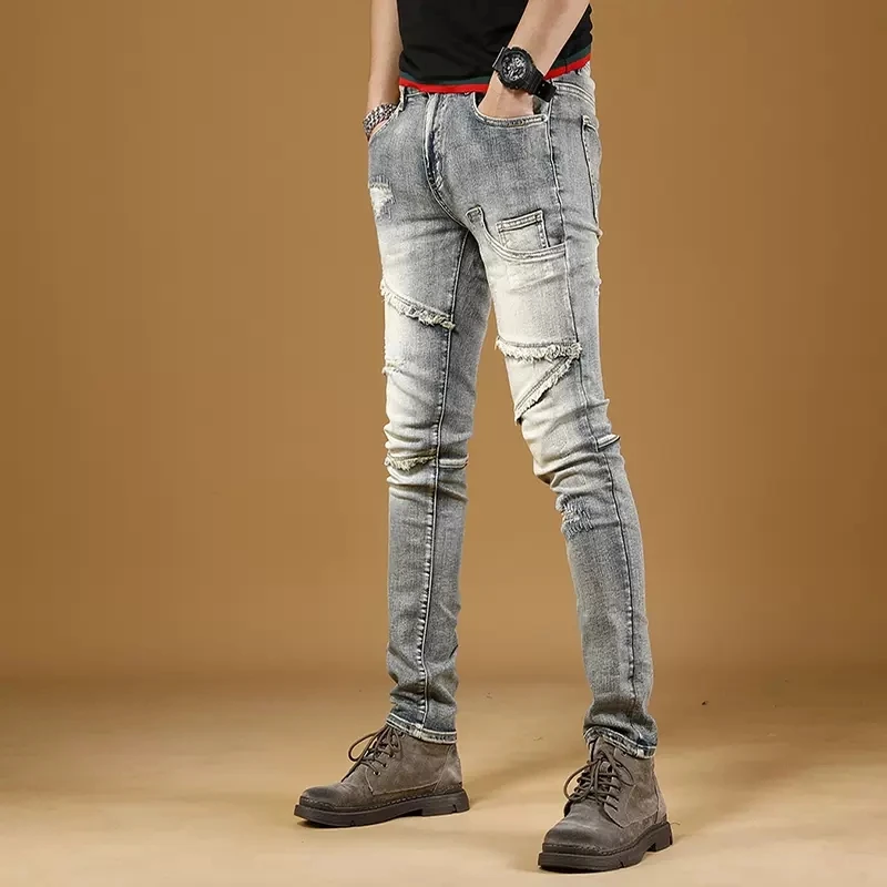 Summer Light Blue Ripped Jeans Men Streetwear Slim Fit Pencil Pants Casual Patchwork Burr Stretch Denim Trousers