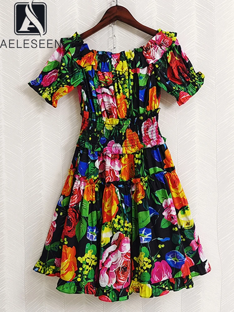 AELESEEN Fashion Runway 2022 Summer 100% Cotton Sicilian Dress Women Flowers Printed Puff Sleeve Holiday Ruffles Party Vacation