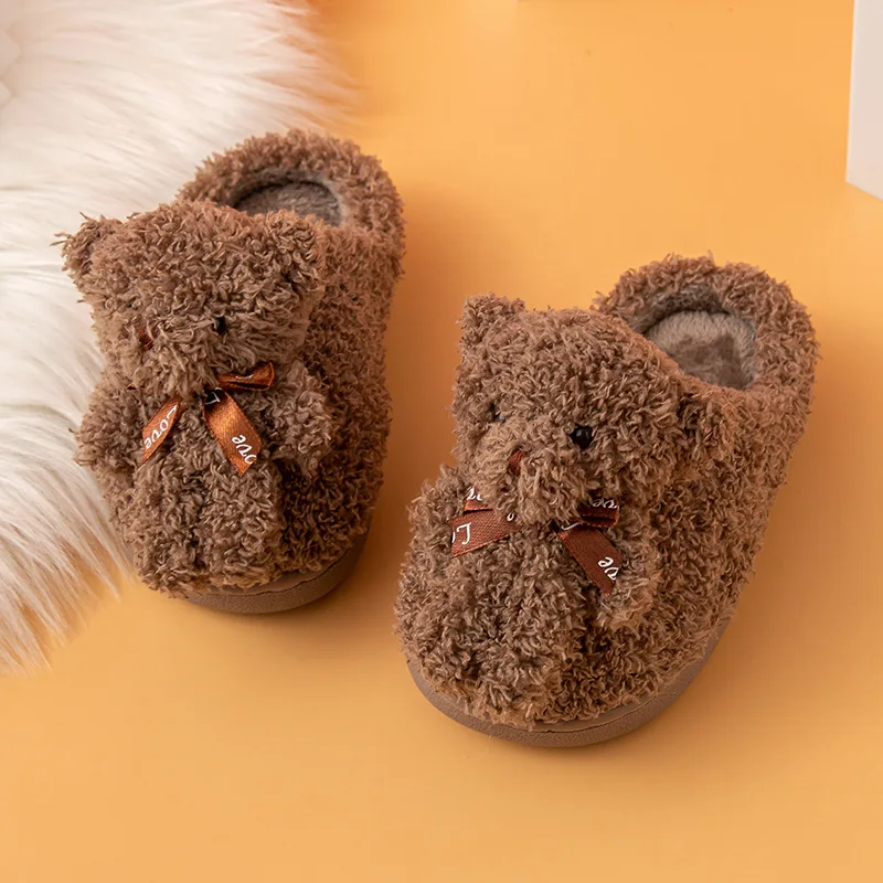 Kids cute teddy bear slippers winter indoor furry children plush warm shoes babi soft flat home flurry slippers baby shoes