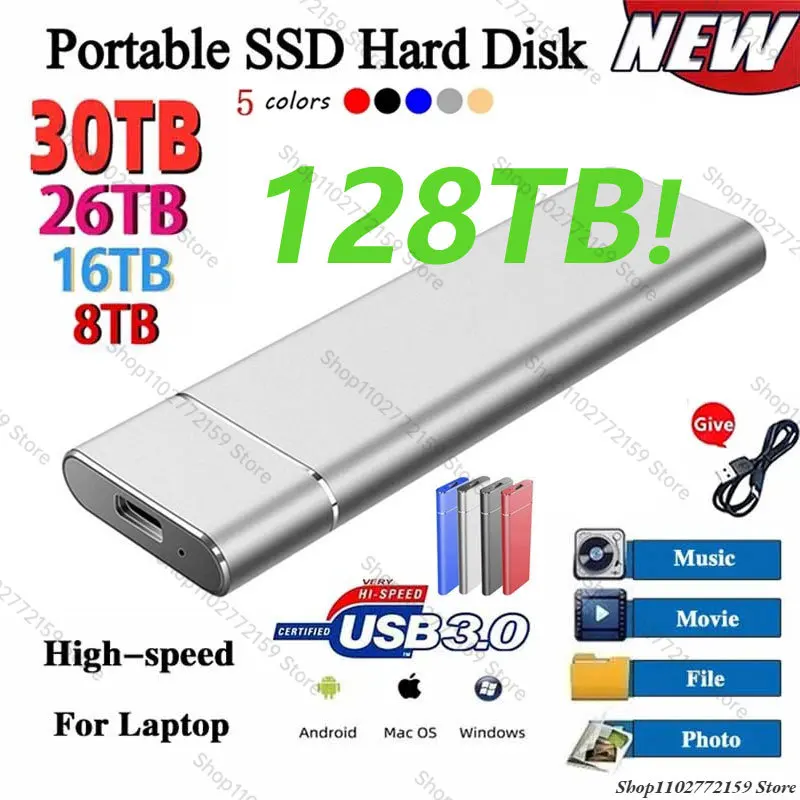 

High-Speed 128TB 4TB 8TB 16TB SSD Portable External Solid State Hard Drive 64tb USB3.1 Interface Mobile Hard disk For Laptop Mac