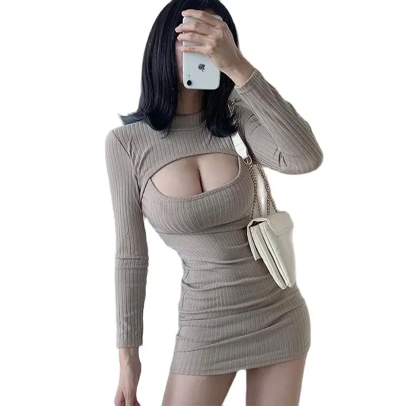 

Dresses Black Vestidos Korean Hollow Chest Long Sleeve Slim Solid Color Spring Ladies Clothing Hot Girl Sexy Mini Dress