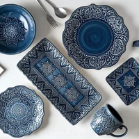 nordic blue vintage tableware set ceramic rice salad round dish dinner plate bowl dinnerware set microwave safe w4827