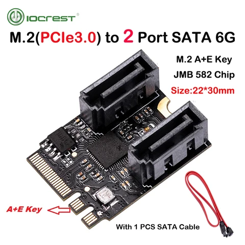 Адаптер IOCREST M.2 Ngff в Sata 3, карта A-Key и E-Key, 2 порта SATA 6, флэш-драйвер, размер 2230 мм, черный