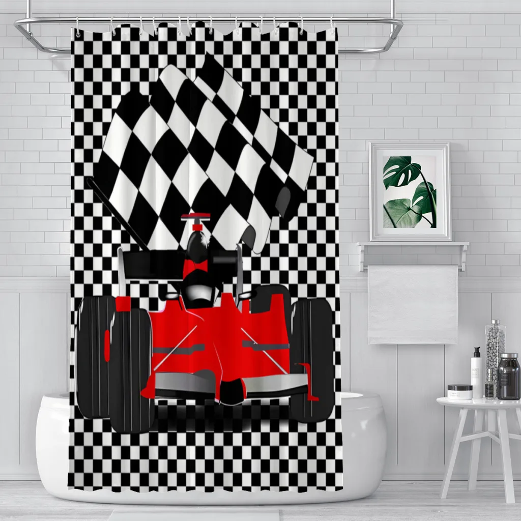 Red Race Car With Checkered Flag Shower Curtains  Waterproof Fabric Creative Bathroom Decor with Hooks Home Accessories