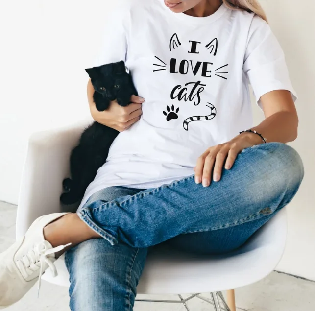 I Love Cats Fashion Gift T-shirt Meow Lovers Tee Gift Short Sleeve Top Tees O Neck harajuku Streetwear Fashion 100% Cotton goth