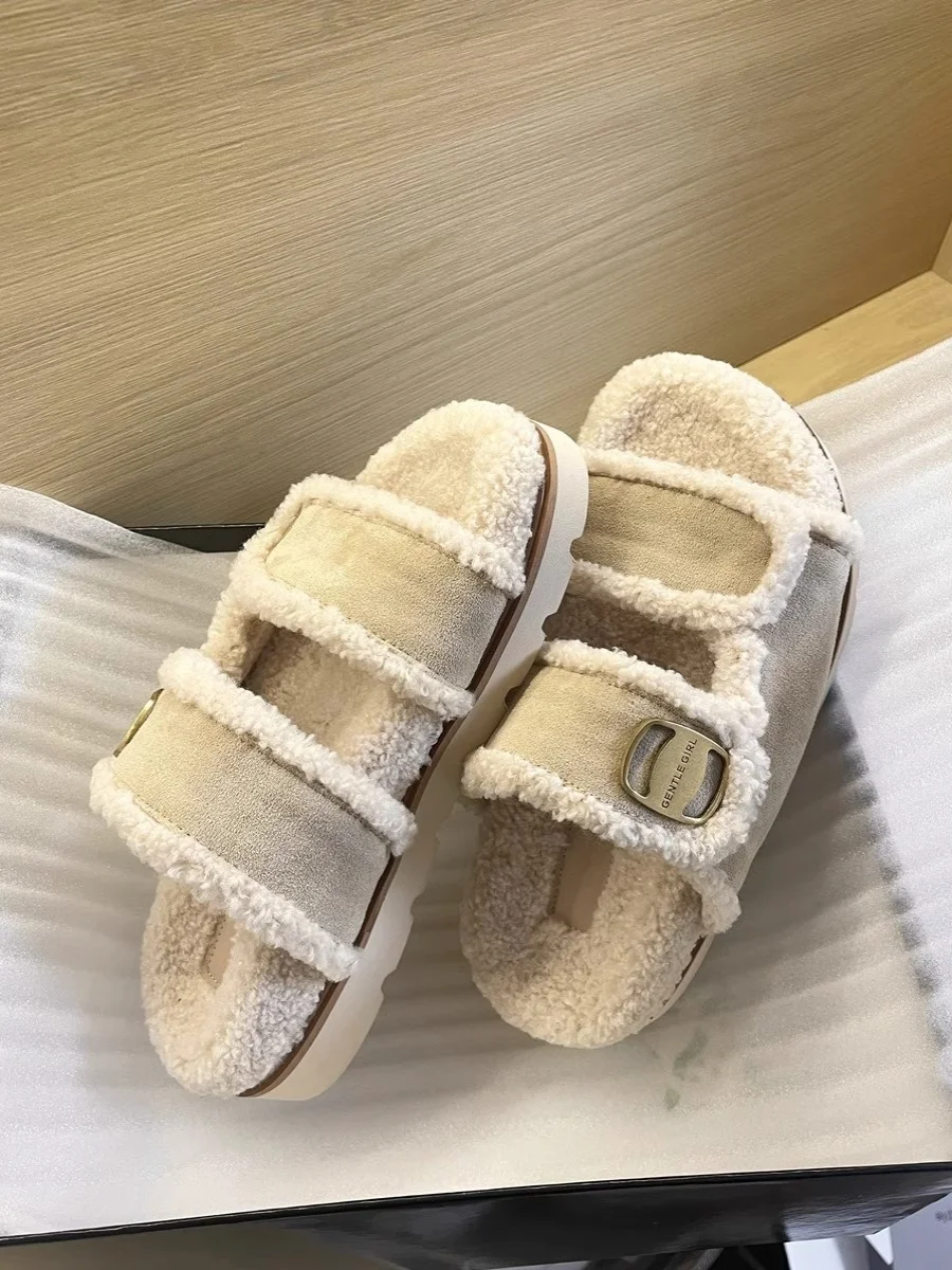 

Fur Shoes Flock Woman's Slippers Med Slides Winter Footwear Platform Plush 2023 Flat Basic Rome PU Rubber Retro Shoes Med Slippe