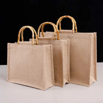 

Unisex Reusable Jute Shopping Bag Eco Friendly Burlap Grocery Bags Bamboo Loop Handles Large Capacity Vacation Picnic Tote Bags